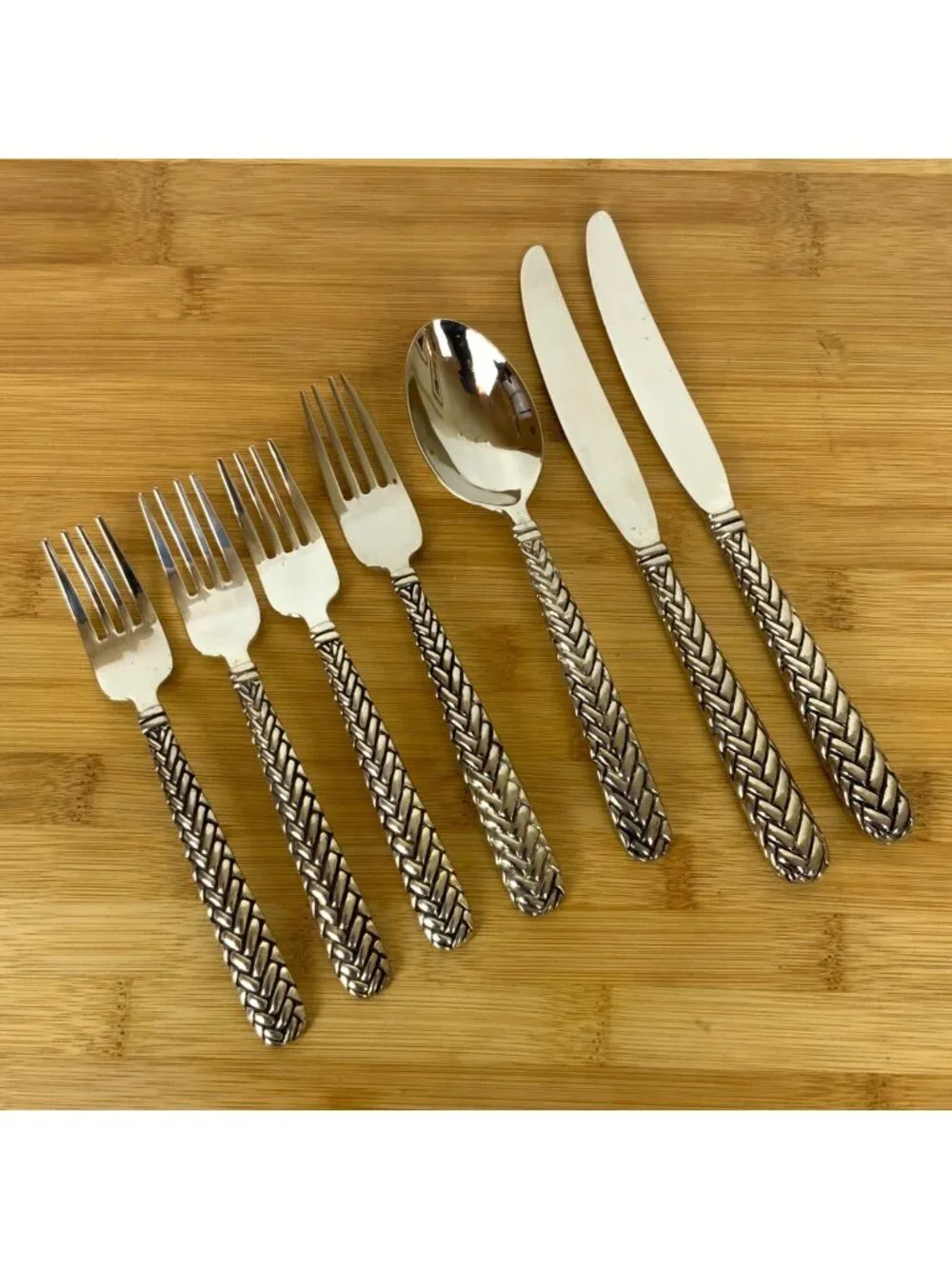 Godinger Weave Silverplate Flatware Lot of 7 Pieces Forks Knives Soup Spoon